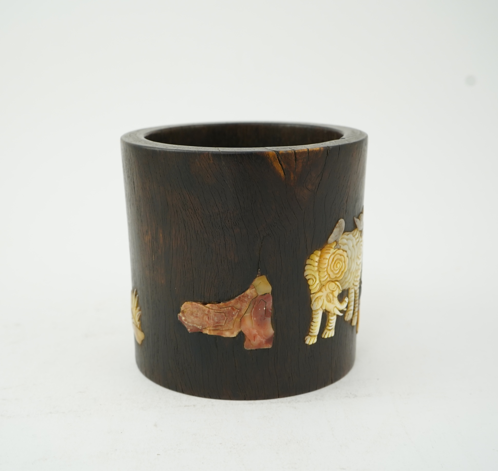A Chinese soapstone and mother-of-pearl inlaid hardwood brushpot, possibly zitan